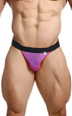 Vibrant pink MOB Fisherman jock mesh briefs with a black elastic waistband for breathable comfort