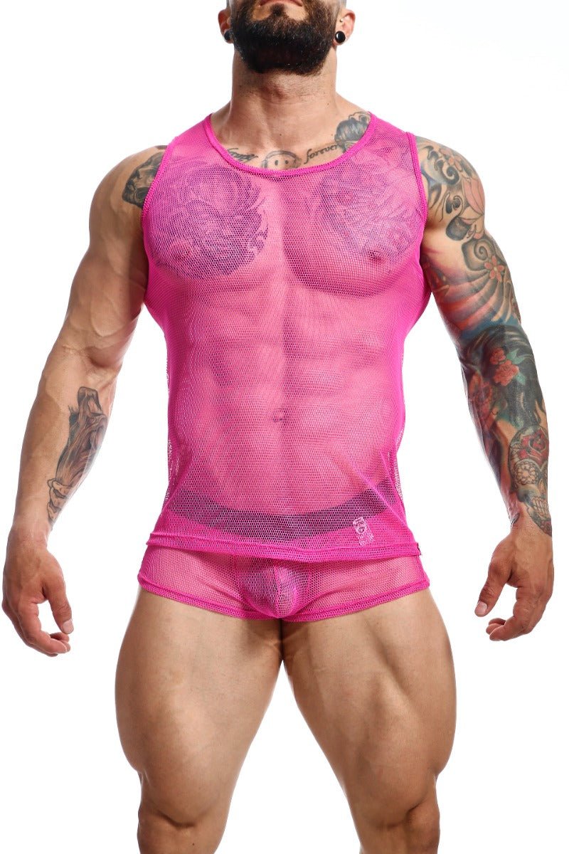 Bright pink mob fishnet boxer mesh tank top and briefs with sheer form-fitting design
