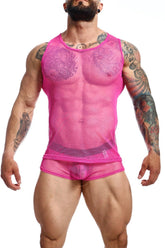 Bright pink mob fishnet boxer mesh tank top and briefs with sheer form-fitting design