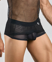 Black mesh briefs with solid black waistband and subtle ruching detail complementing mob fishnet tanktop design