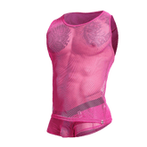 A vibrant hot pink mob fishnet tanktop with a fitted form-fitting design made of breathable mesh material