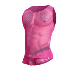 A vibrant hot pink mob fishnet tanktop with a fitted, form-fitting design made of breathable mesh fabric