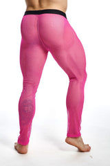 Bright pink mesh leggings with black waistband from mob fishnet tights final sale in fishnet material