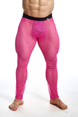 Bright pink mesh fishnet tights with black waistband in a sheer mesh material for final sale by mob