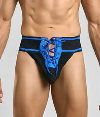 Black and blue lace-up athletic briefs with mesh texture mob football jockstrap front view