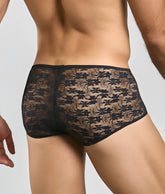 Black floral lace men’s briefs mob loop cheeky trunk with sheer patterned design and cheeky cut