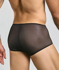 Black sheer mesh mob loop cheeky trunk briefs with smooth form-fitting design visible from the back side
