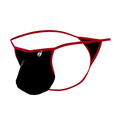 Black and red mob magic pouch thong with sleek minimalist design showing front side for comfortable wear