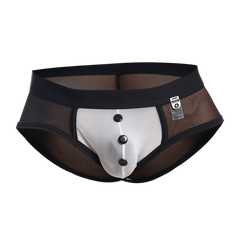 Black and white mesh briefs with button front design from the mob maitred costume collection