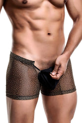 Brown leopard-print mesh boxer briefs with black pouch by MOB men’s boxer tull pouch print for comfortable support
