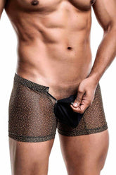Brown leopard-print mesh boxer briefs with black pouch by MOB men’s boxer tull pouch print for comfortable support