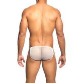 White mesh briefs men’s fishnet bikini showcasing a breathable see-through fabric design