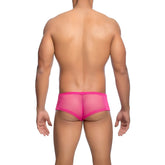 Mob men’s fishnet boxer short bright pink mesh briefs with a snug form-fitting design front view