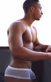 MOB men’s fishnet boxer short in white mesh briefs with a snug form-fitting design front view