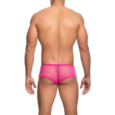 Mob men’s fishnet boxer short bright pink mesh briefs with a snug form-fitting design front view