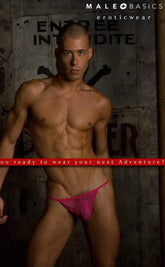 Bright pink sheer mesh fishnet thong by mob mens fishnet thong from male basics eroticwear shown from the back side
