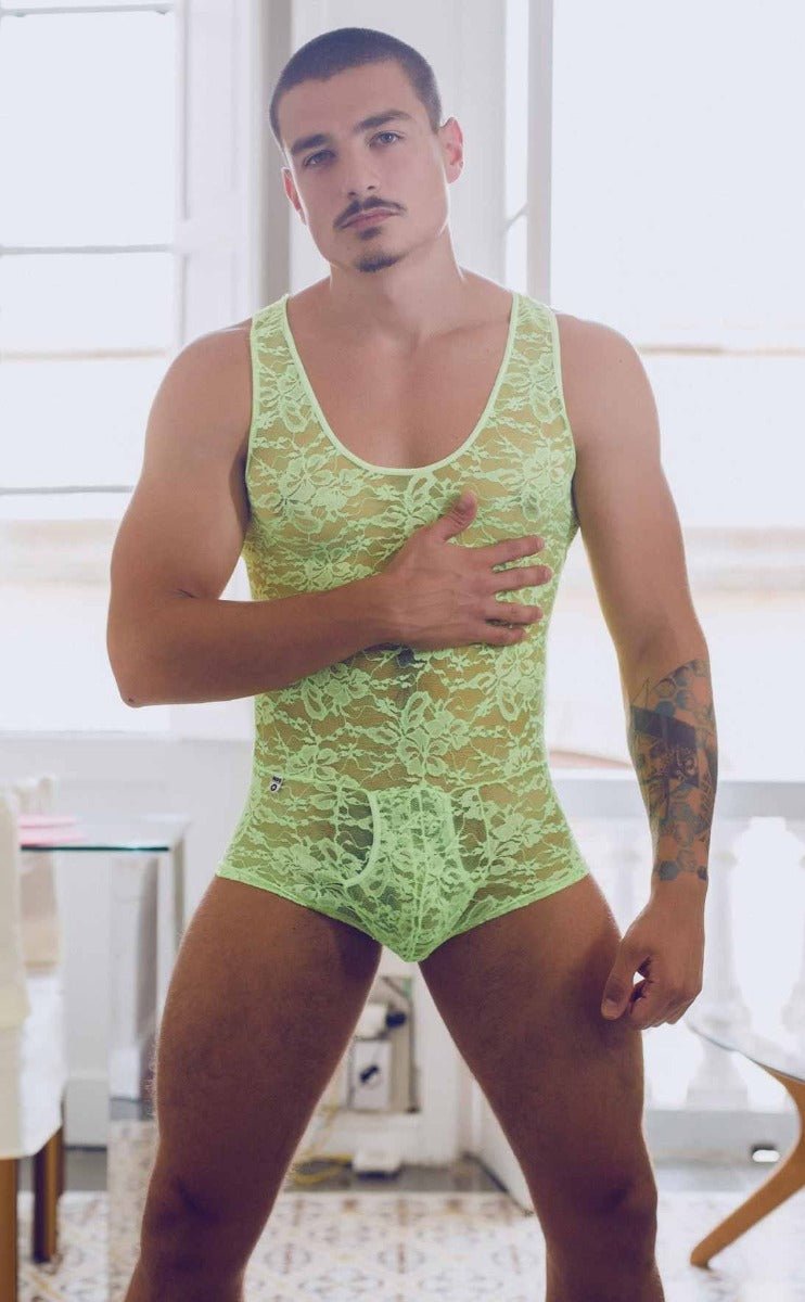 Lime green lace bodysuit with intricate floral patterns designed for men by mob final sale