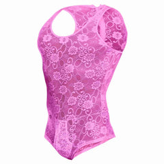 A vibrant pink lace bodysuit with floral pattern and halter neckline from MOB men’s lace bodysuit final sale