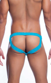 Bright turquoise lace-trimmed thong front view from mob men’s lace jockstrap collection with delicate lace detailing