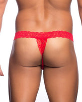 Red lace thong from MOB men’s lace waist thong collection featuring a delicate intricate pattern and vibrant red color