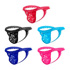 Red lace thong with intricate floral pattern and sheer mesh fabric from mob men’s lace waist thong collection