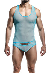 Mob men’s sexy all over sheer body light blue mesh tank top and matching briefs set showing front view