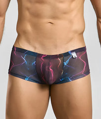 Mob mens sexy sheer hip brief in black mesh with neon pink blue and purple lightning bolt pattern