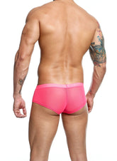 Men’s sheer hip brief in bright pink mesh with a solid pink waistband for comfortable lightweight wear