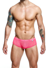 Men’s sheer hip brief bright pink mesh swim trunks with a snug fit and small logo on the waistband