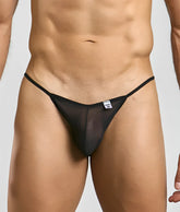 Mob men’s sheer bikini black sheer mesh thong with thin elastic waistband and small white brand tag visible