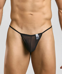 Black sheer mesh thong with thin elastic waistband shown from the back in mob men’s sheer t back thong style