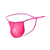 Bright pink mesh thong with thin elastic straps showing the back side from mob mens sheer t back thong collection