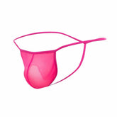 Bright pink mesh thong with thin elastic straps showing the back side from mob mens sheer t back thong collection