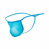 MOB men’s sheer t back thong in bright blue translucent mesh with thin elastic straps shown from the back side
