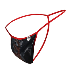 Mob mens sheer t back thong in red and black glossy latex with a small white label on the front