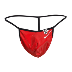 Red glossy latex thong with black elastic waistband and white logo patch showing the back side of the mob men’s sheer