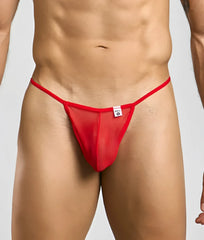 Red sheer mesh thong with thin red elastic waistband and small white brand tag showing back side by MOB men