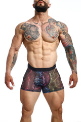 Black and multicolored lightning-patterned mesh boxer briefs mob mesh boxer with breathable fabric for active wear