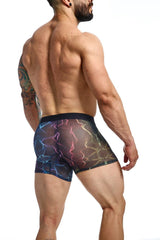 Black mob mesh boxer briefs with vibrant iridescent lightning bolt pattern in blue pink and gold colors