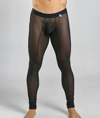 Black sheer mesh tights with solid waistband and reinforced seams from mob for a sleek stylish look
