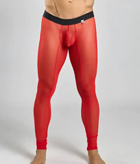 Red sheer mesh men’s leggings with black waistband from mob mesh tights showcasing breathable fabric and modern fit