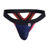 Blue and red perforated athletic supporter with black elastic waistband in mob mesh y thong design front view
