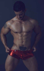 Shiny red metallic mob mirror boxer briefs showcasing sleek reflective fabric for stylish support and comfort