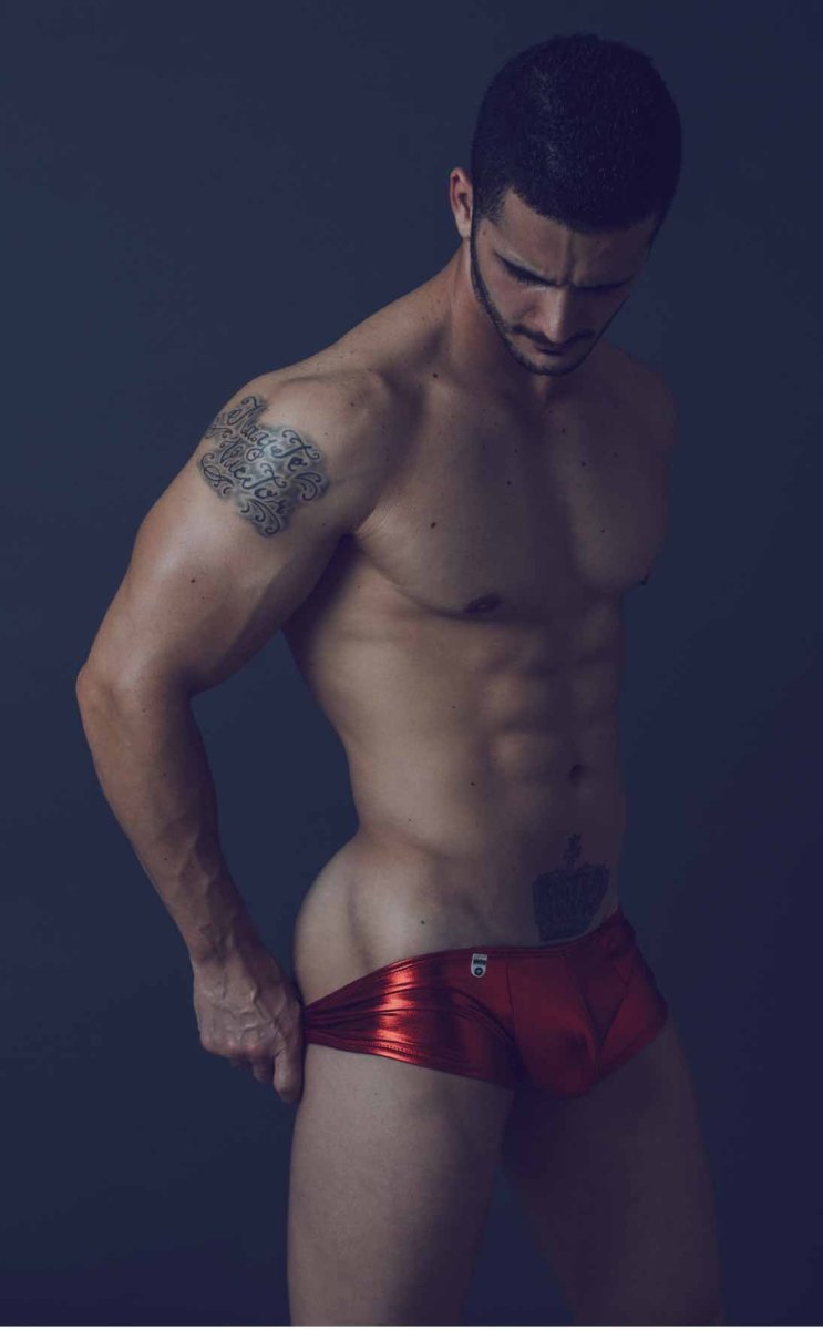 Shiny red metallic mob mirror boxer briefs with small logo on front ideal for stylish casual wear