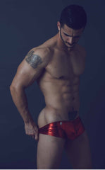 Shiny red metallic mob mirror boxer briefs with small logo on front ideal for stylish casual wear