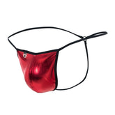 Red metallic fabric thong with black elastic straps and trim from mob mirror g string shown from the back side