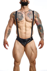 Black patent leather suspenders with glossy finish and adjustable straps back view in mob open back body final sale