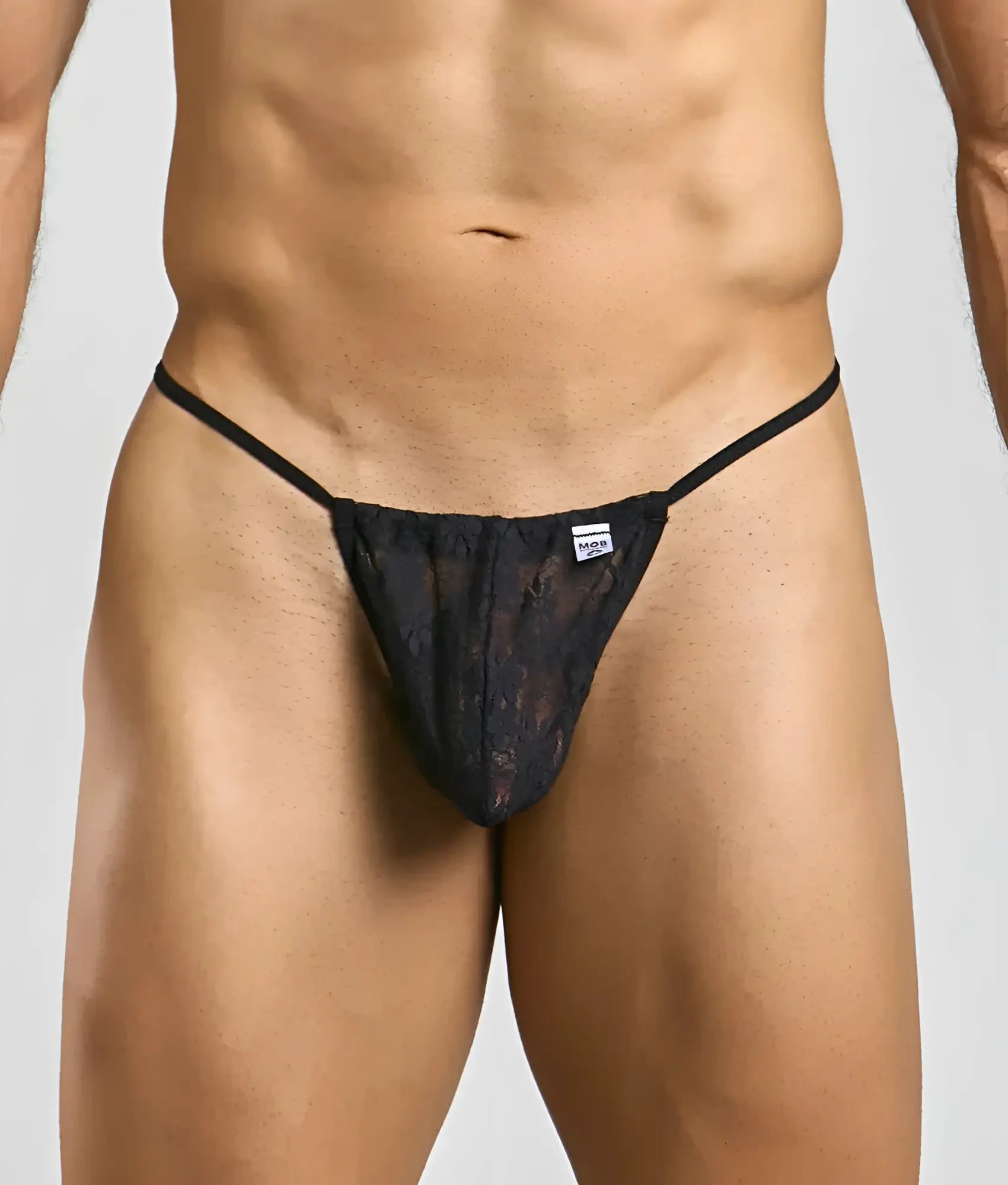 Black lace thong with thin straps and small brand tag at waistband in mob print g-string new product image