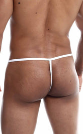 White thong mob print g-string out with thin minimalist design shown from the back side