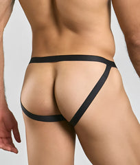 Black satin-like fabric briefs with a sleek minimalist design featured in the mob sexy mesh and lace jockstrap collection